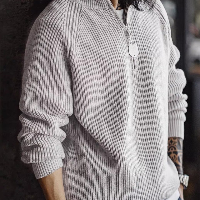 American Retro Workwear Style Half-Zip Stand Collar Sweater （GV001）