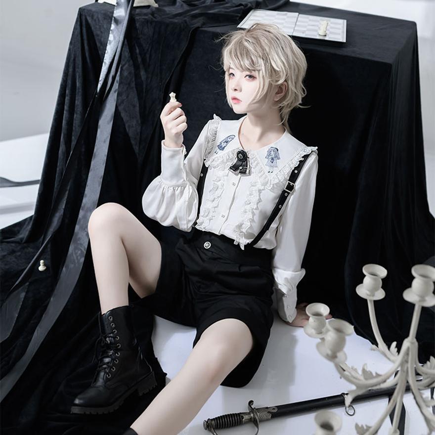 皇子系ロリィタ 白 フリル ブラウス2枚＆ショートパンツ＆アクセサリー 王子系 皇子系ロリィタ 少年装 CastleToo 長袖 ドレス シャツ ブラウス