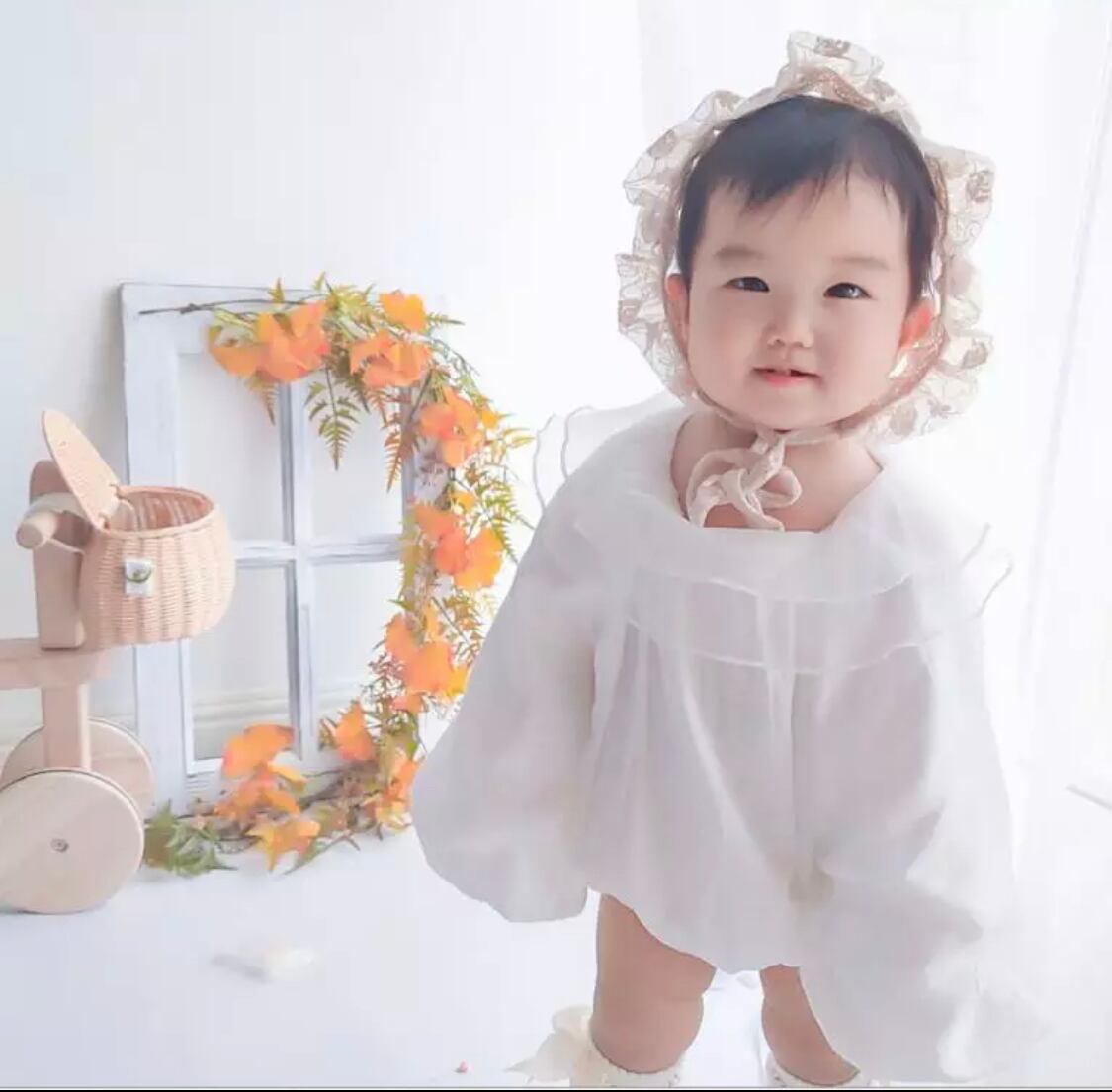 チュール襟ふんわりロンパース》》》》》海外子供服 ベビー 女の子