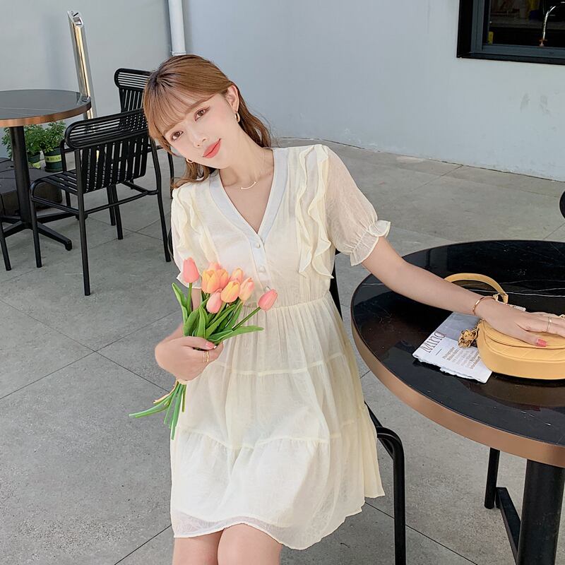 初回送料無料半袖ワンピースVネックフリルシフォンレディースファションワンピース