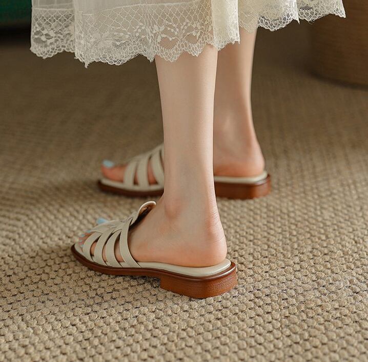 レディース 編み込みサンダル ミュール レザー調 ストラップ フラット