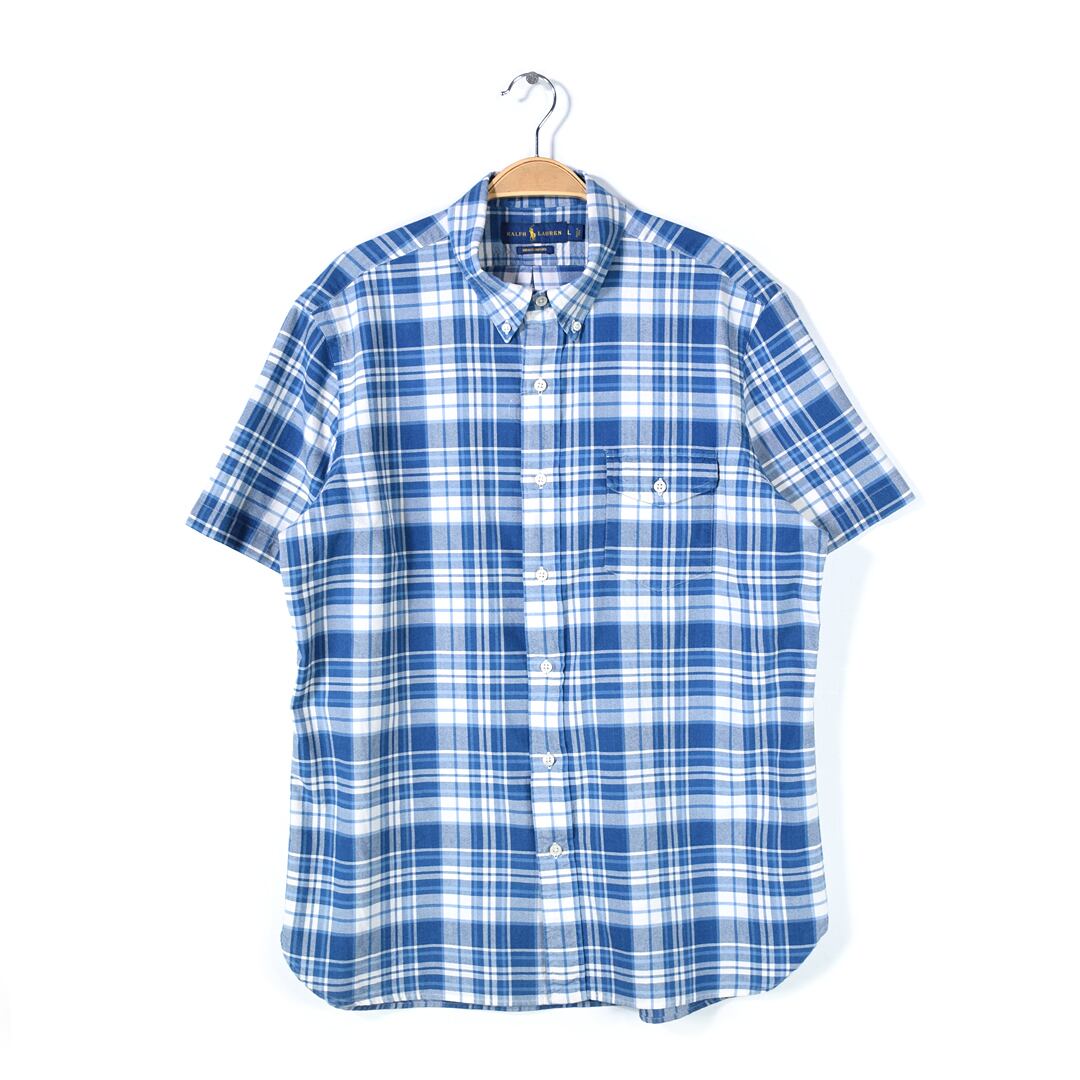 ラルフローレン オックスフォードシャツ ボタンダウン 3点留め インディゴ染 マチ付き 半袖シャツ ポニー無し RALPH LAUREN メンズL 古着 @CB1308