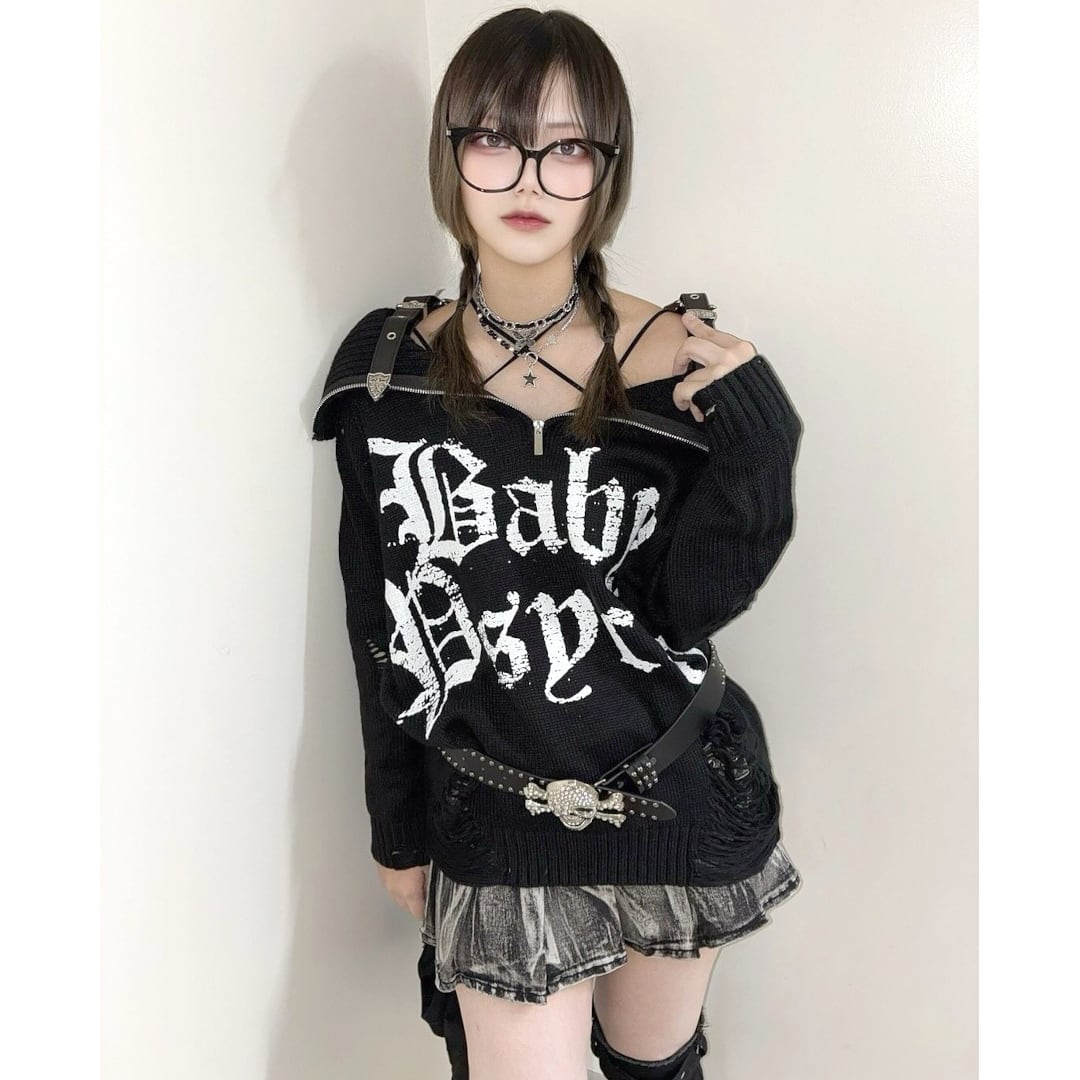 オブリ　ロゴ　ニット　ブラック ロゴ刺繍タートルニット/ブラック | TOPS | OBLI