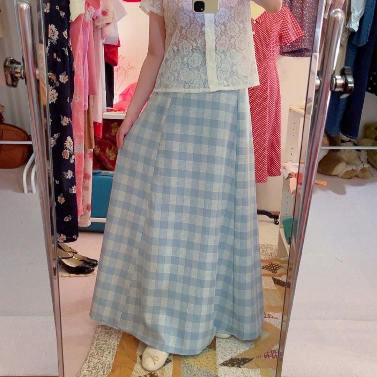 light blue block check skirt