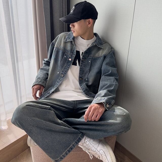 予約販売】メンズ セットアップ メンズ デニム カジュアル ウォッシュ