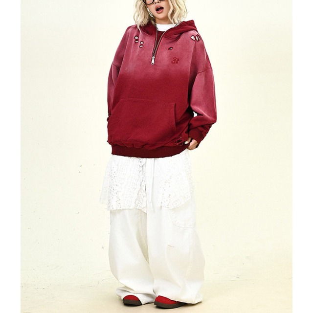 gradient distressed half zip hoodie　グラデーションダメージハーフジップフーディ　J1674