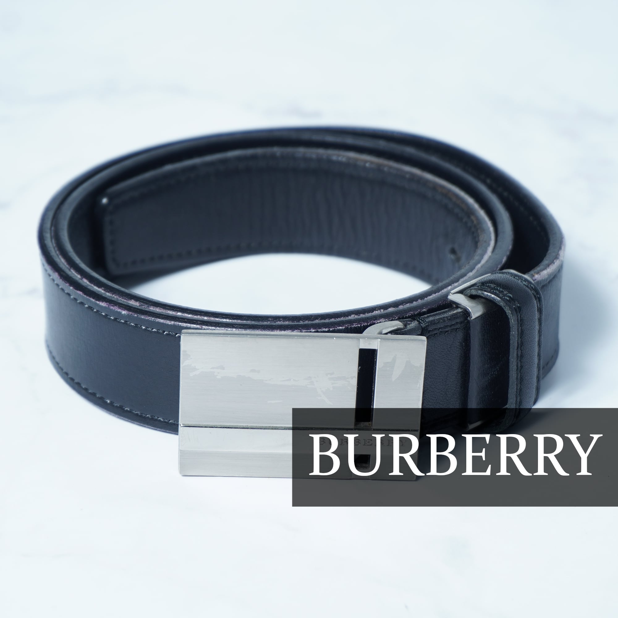BURBERRY】バーバリー シルバーバックルレザーベルト black | ブランド