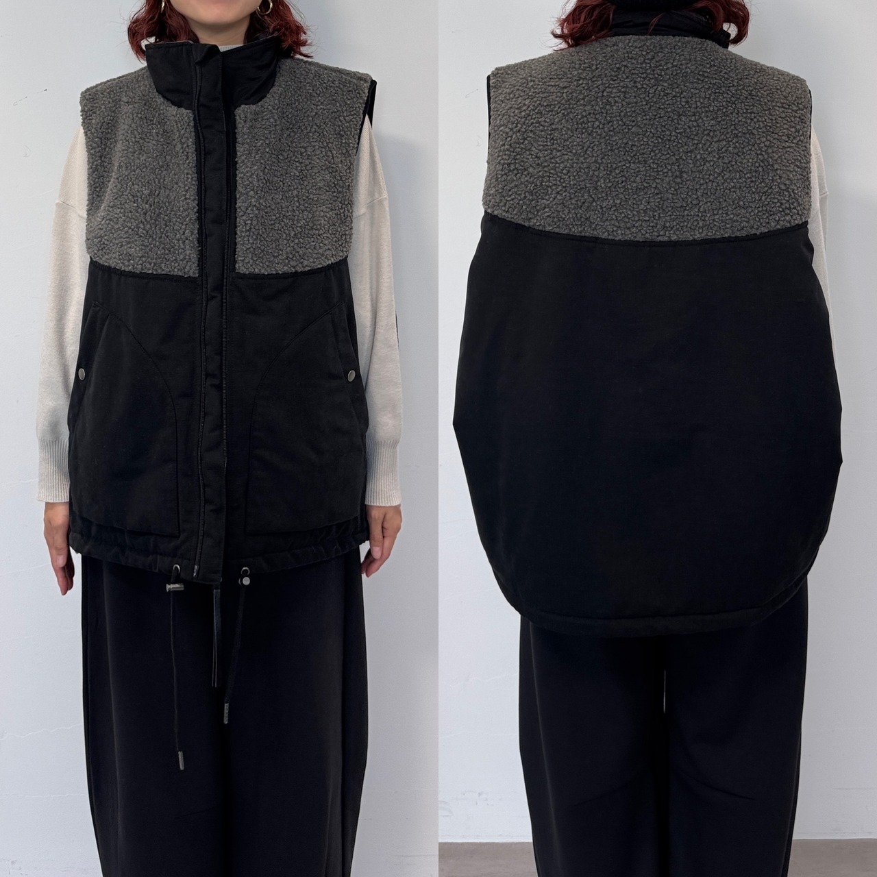 【予約:10月上旬入荷予定】ピーチボア切替中綿vest/ブラック