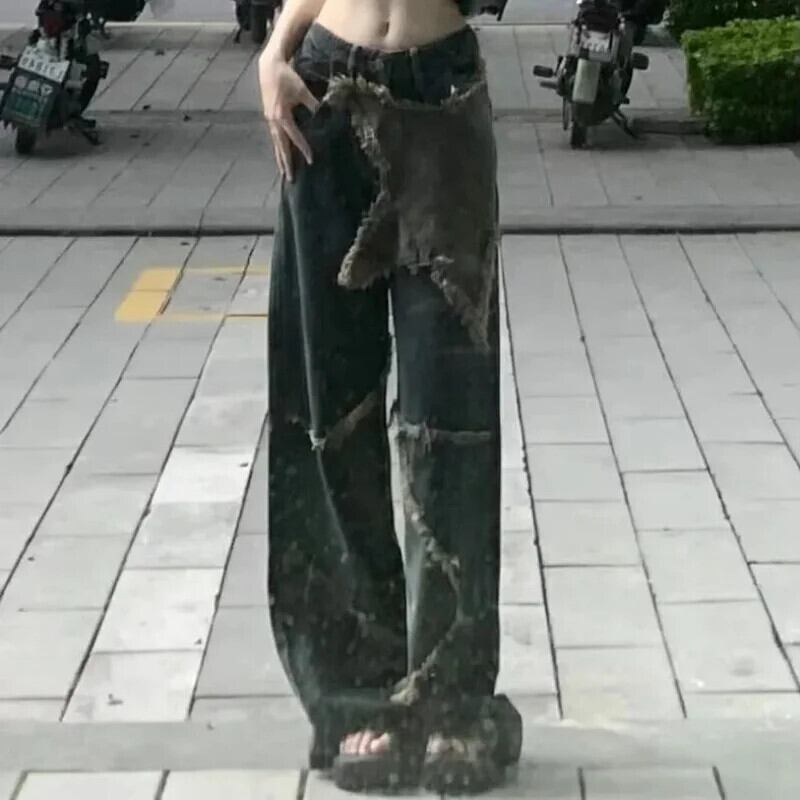 スターパッチジーンズ女性 Y2K グランジユーズド加工パッチワー