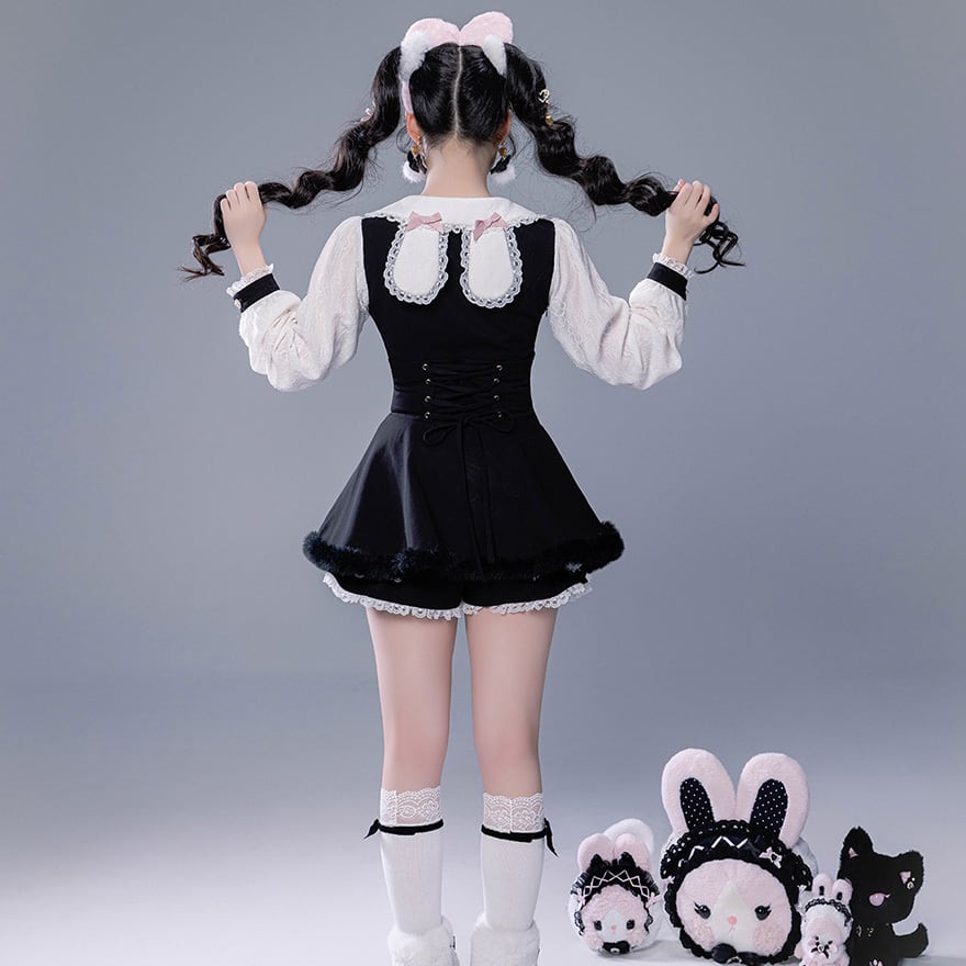 甘ロリ｜うさ耳モチーフのケープ付き4点セット（黒×ピンク／白×ブルー