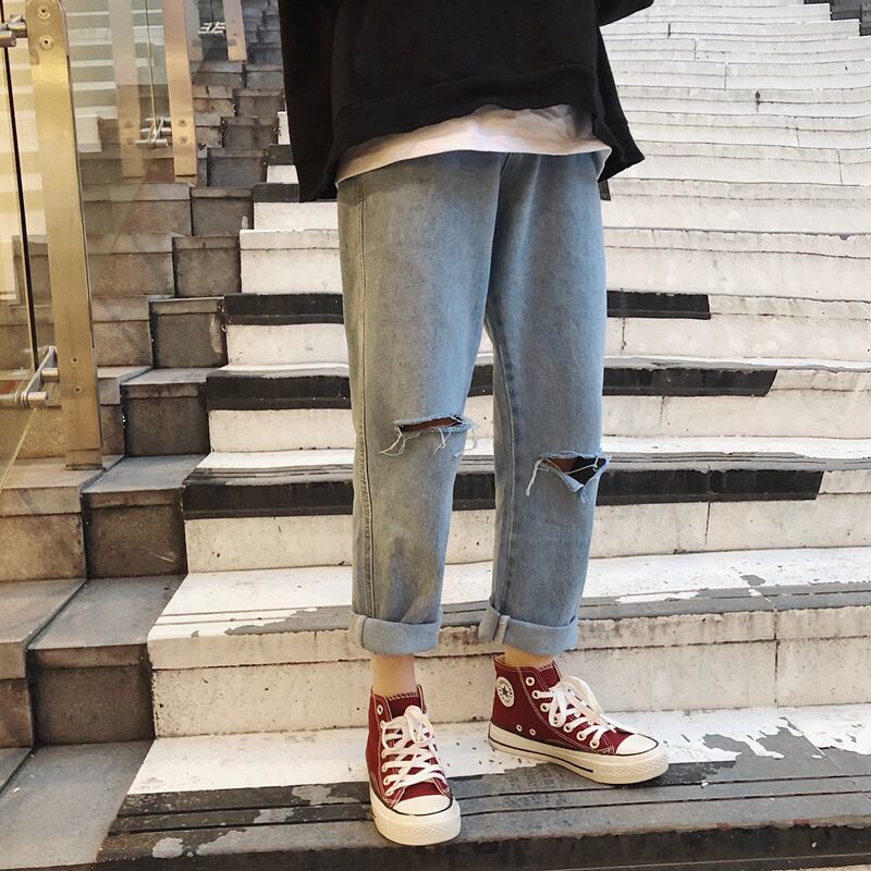 全1色 デニム パンツ ストレート カジュアル ワイド クラッシュ