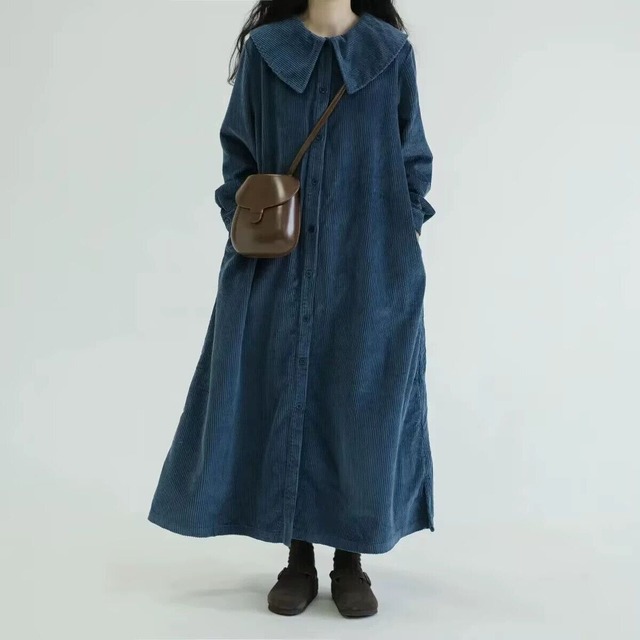 BLUE CORDUROY DOLL COLLAR A-LINE LONG COAT 1color M-14615