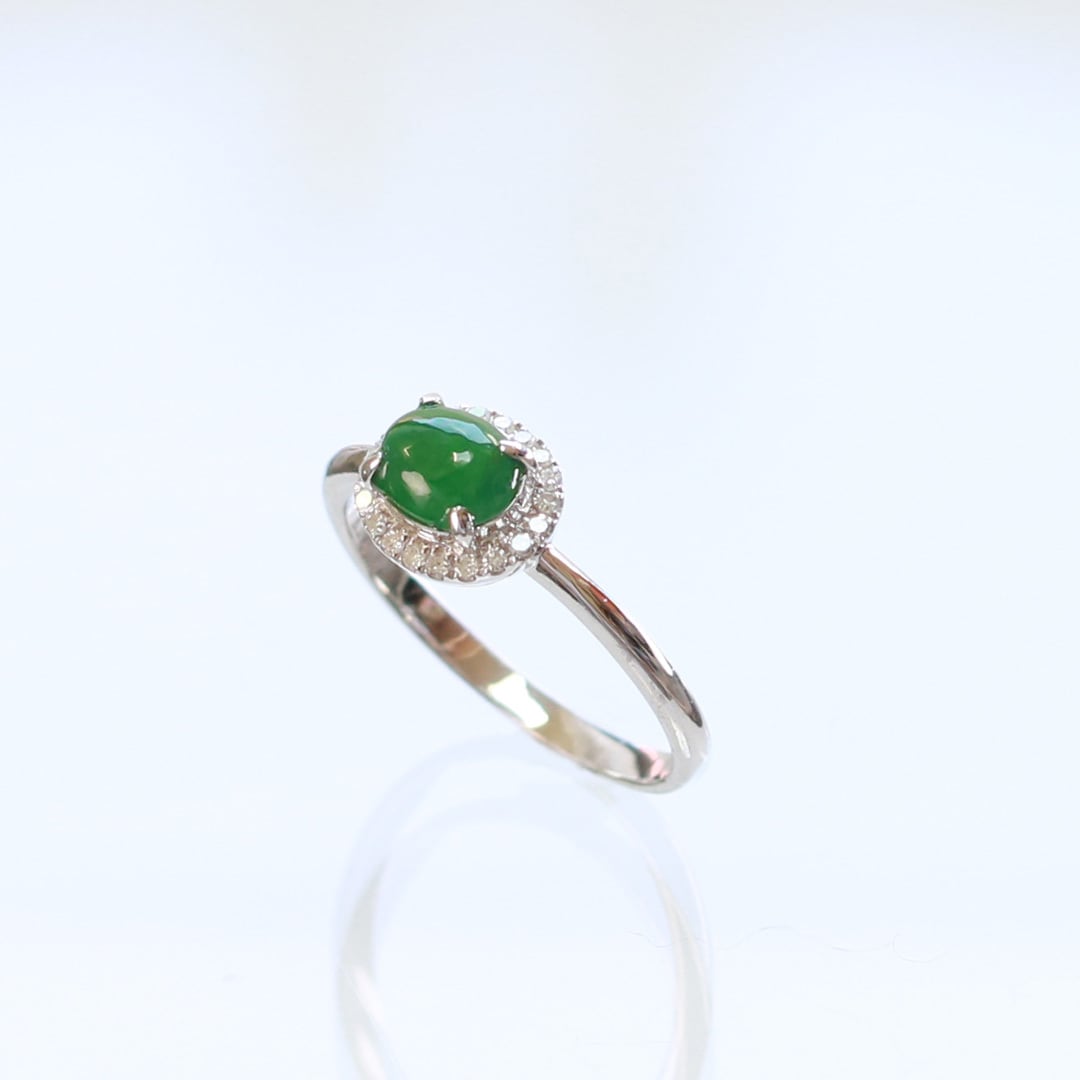 うる艶グリーン翡翠リング K10YG forest green jade diamond A貨翡翠