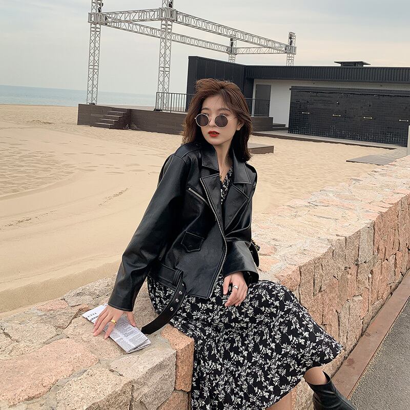 オータムウィンターレザーパターンブラックショートジャケット 秋物 冬物 HUCHUJING97047085963