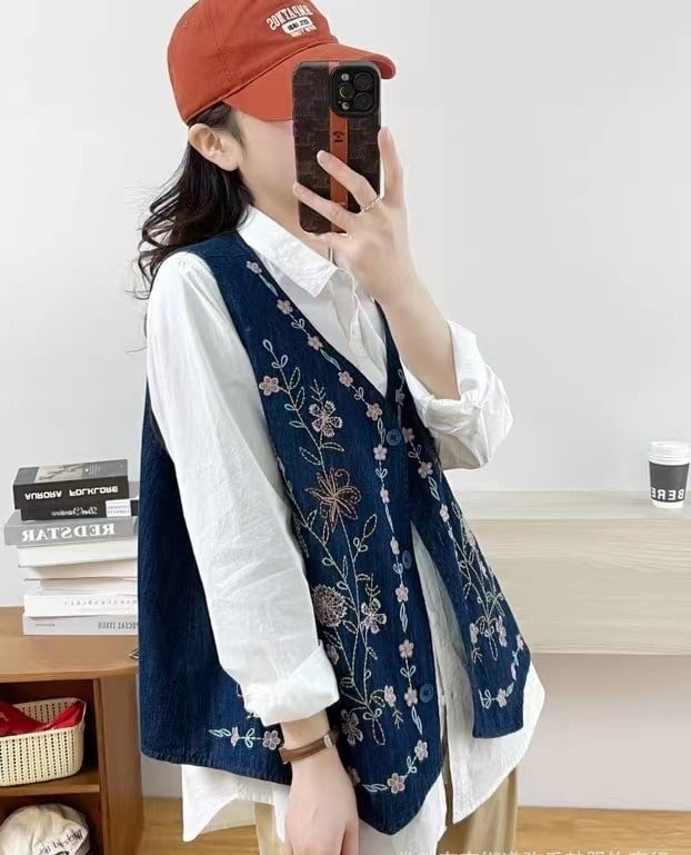 大人可愛い 刺繍デニムベスト 花柄 重ね着 レディース vintage