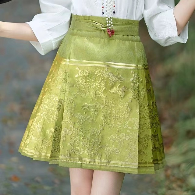 【之】★スカート★グリーン チャイナ風 カジュアル 刺繍 花柄 鶴