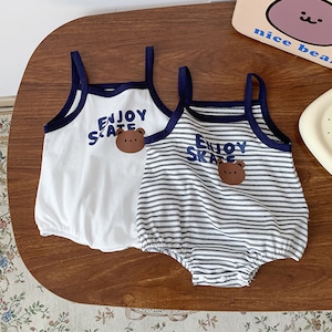 【BABY】夏作ENJOY SKATEプリントクマモチーフ薄手ロンパース