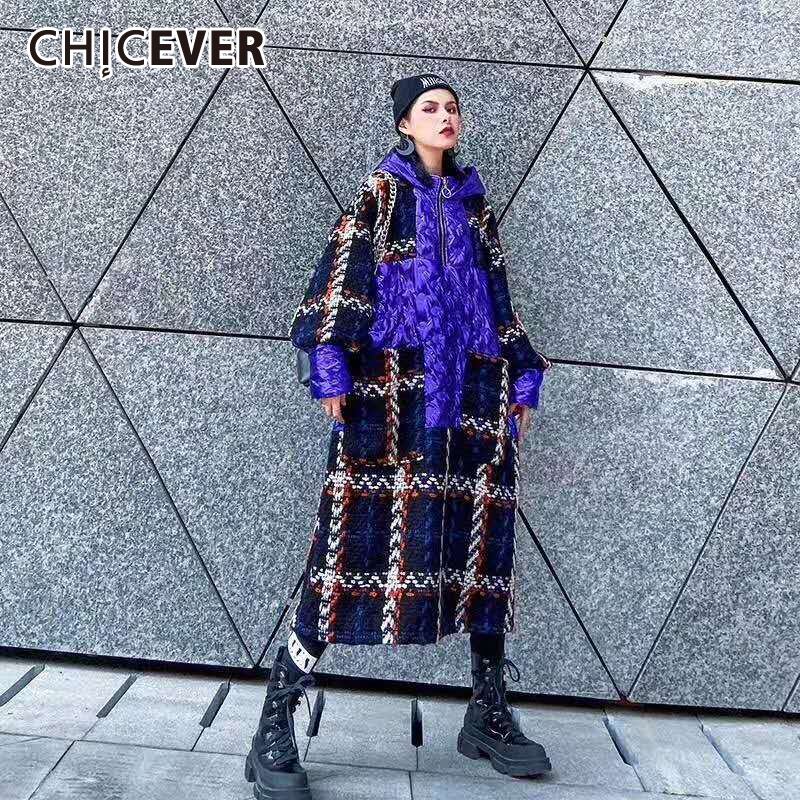 CHICEVERパープルコートレディースフード付きカラー長袖チェック柄ヒットカラー特大ツイードコート2020WinterTide ロング ウィンター 冬物 6base576062761205
