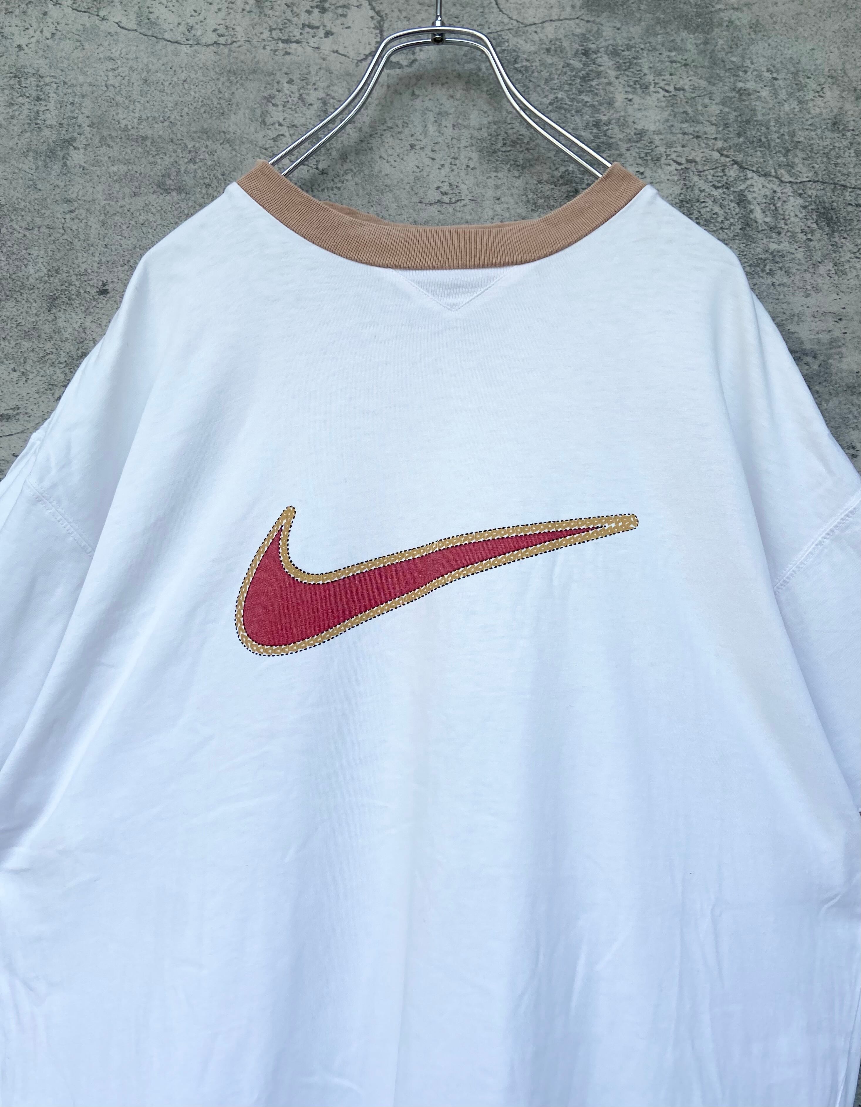 vintage 90s NIKE/ナイキ スウォッシュロゴ リンガーTシャツ ベージュ 両面ロゴ XL