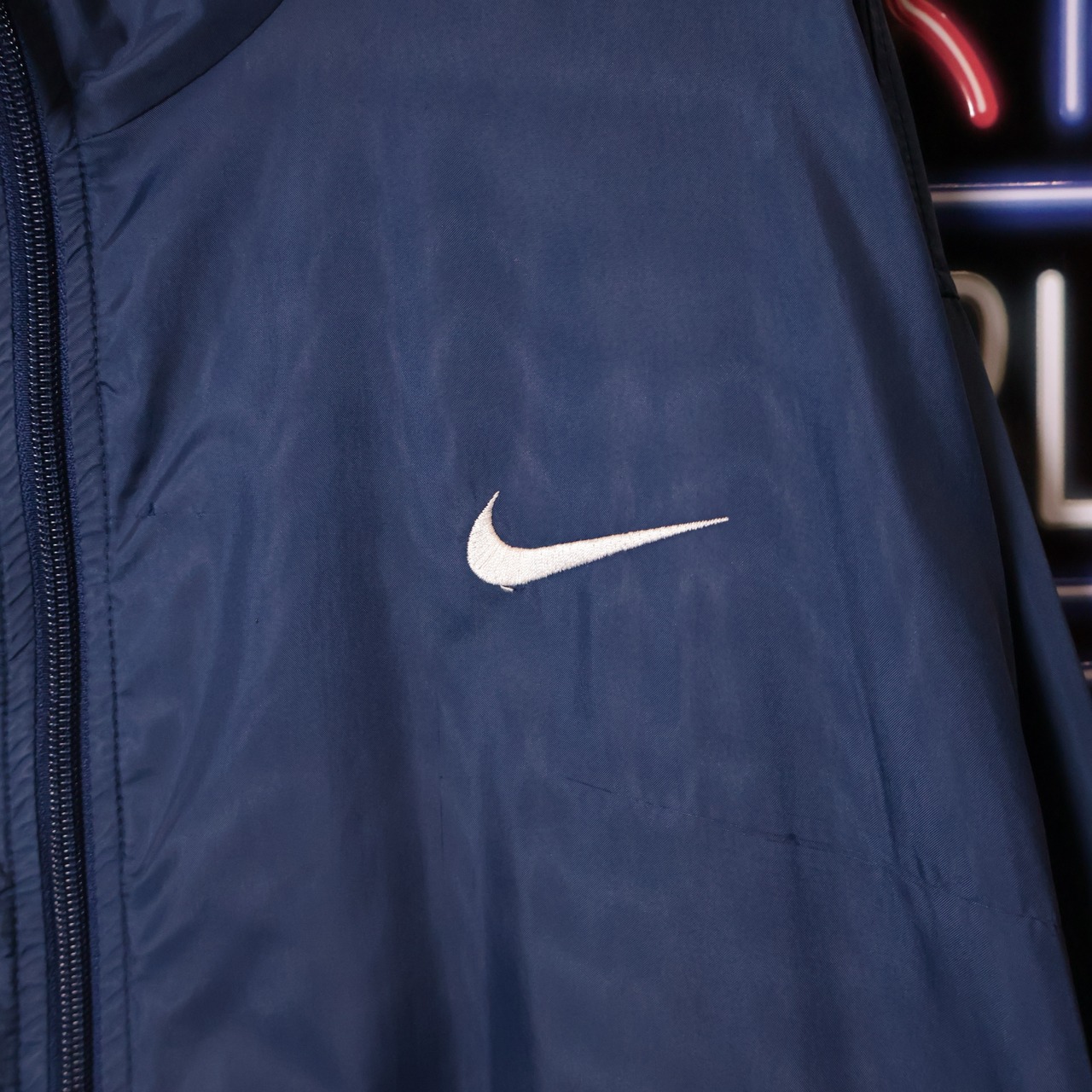 90s NIKE ナイロンジャケット　ネイビー×黄緑　ドローコード　L ナイキ