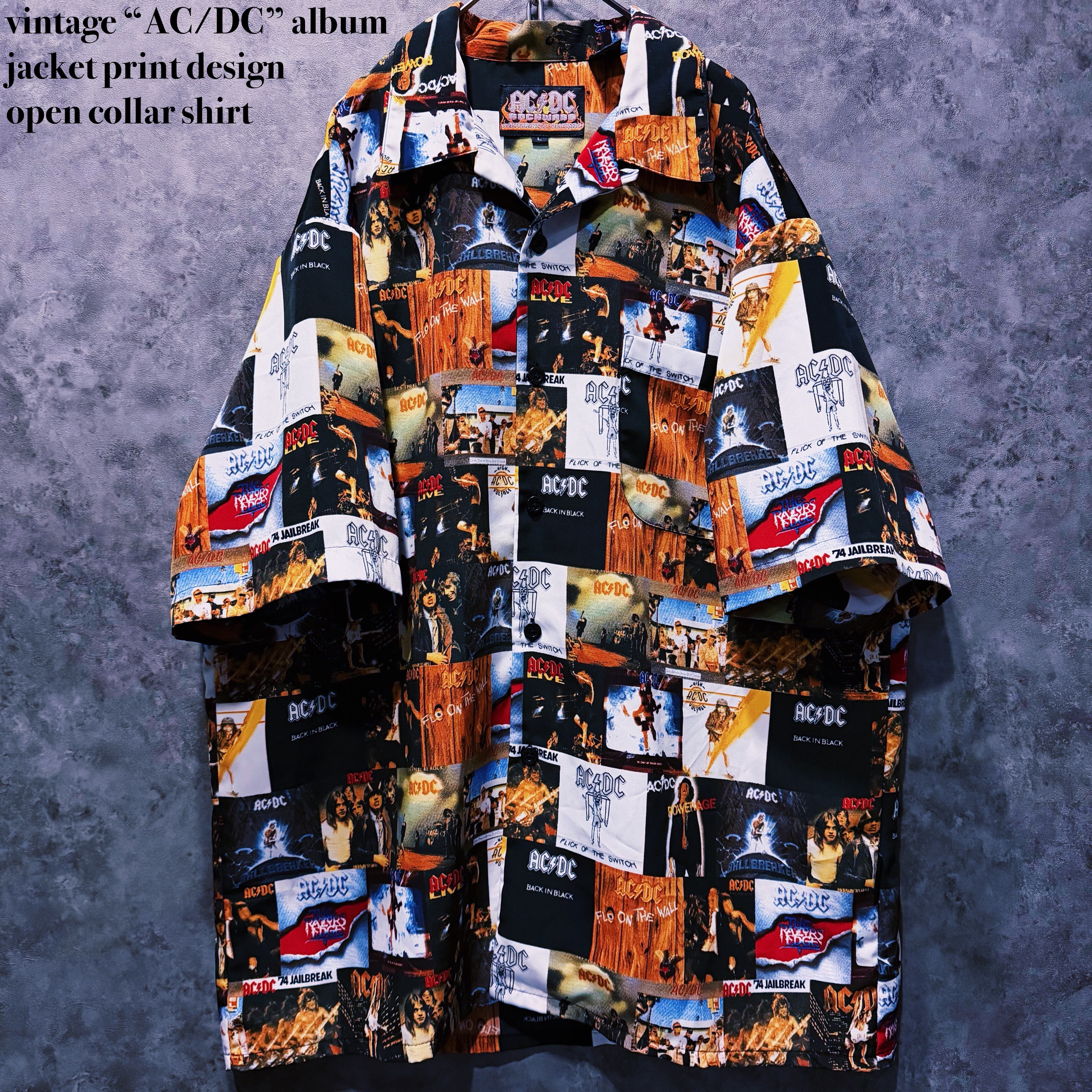 【doppio】vintage “AC/DC” album jacket print design open collar shirt