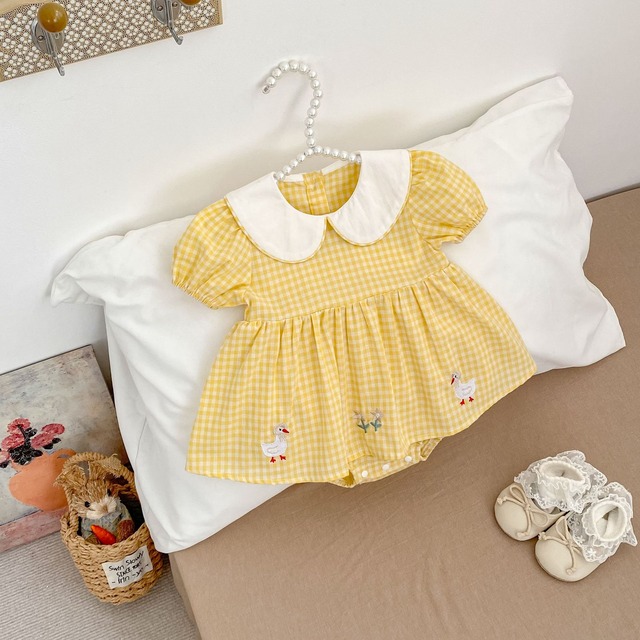 【BABY】アヒル刺繍チェック半袖襟付きロンパース - 16