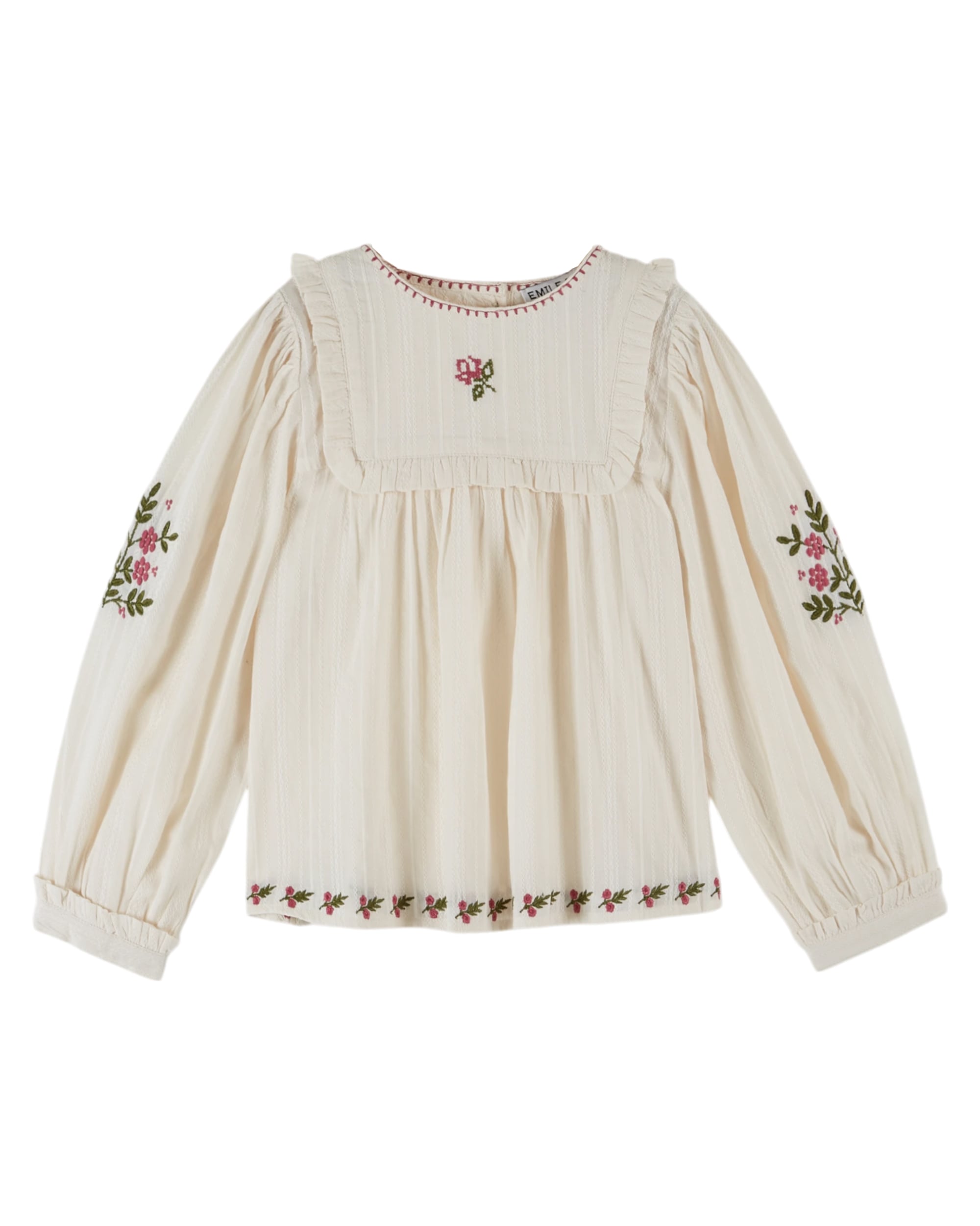 size 2A 3A 4A【Emile et Ida】Textured blouse embroidered with ecru flowers