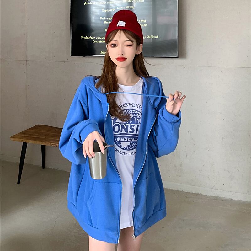 ジッパーフード付きスウェットシャツレディースオータムルースBFレイジーロングスリーブジャケット2020ブルートップ ブラックストロベリース46508277477