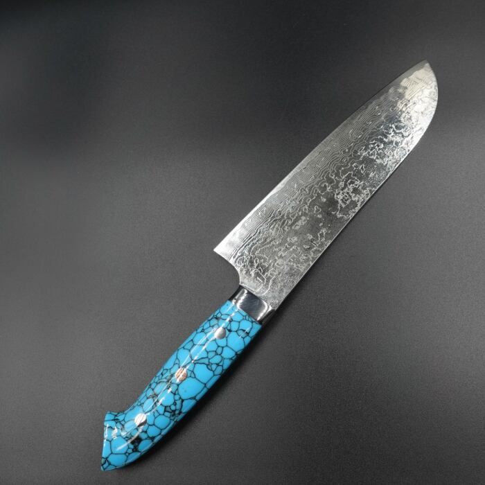 佐治作 包丁 三徳 R2 粉末ハイス鋼 ダマスカス 185mm 青 ターコイズ