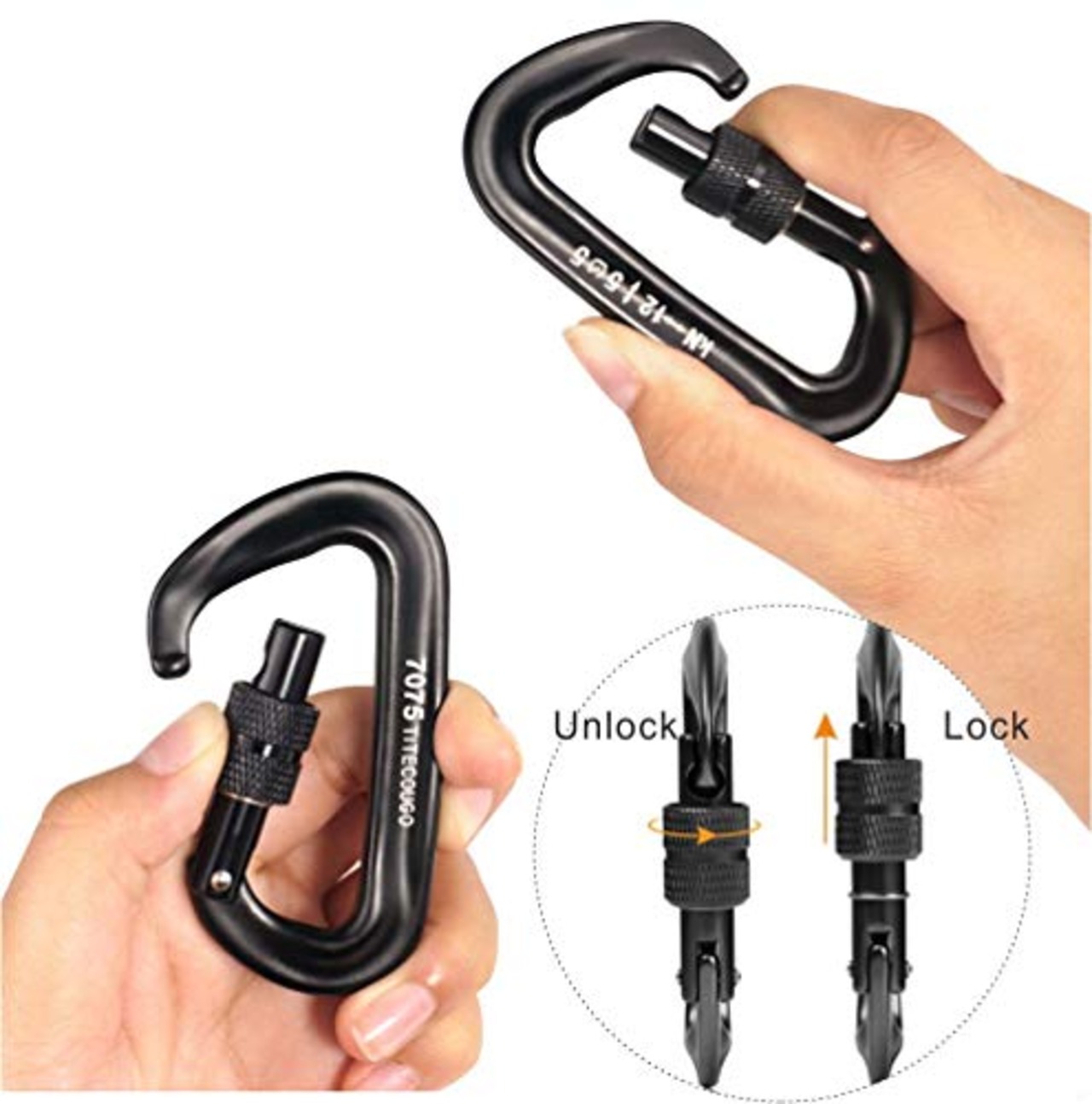 TITECOUGO スクリューロックカラビナ 12Kn アルミ合金 カラビナ 1200Kg ねじ式 Dリング 登山釦 超軽量 キーホルダー ハンモック キャンプ パックフック 荷重 アウトドア 脱落防止 [ブラック・1 個]