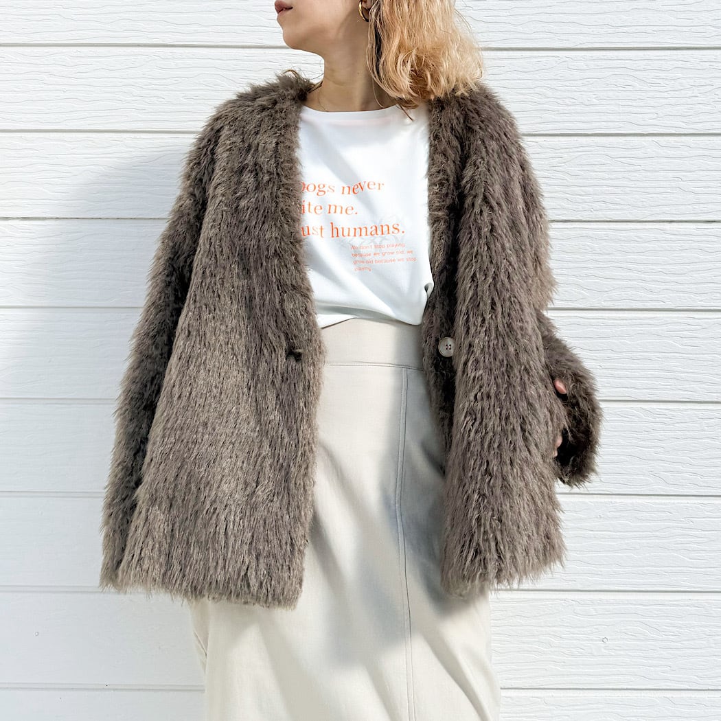 ノーカラーシャギーコート