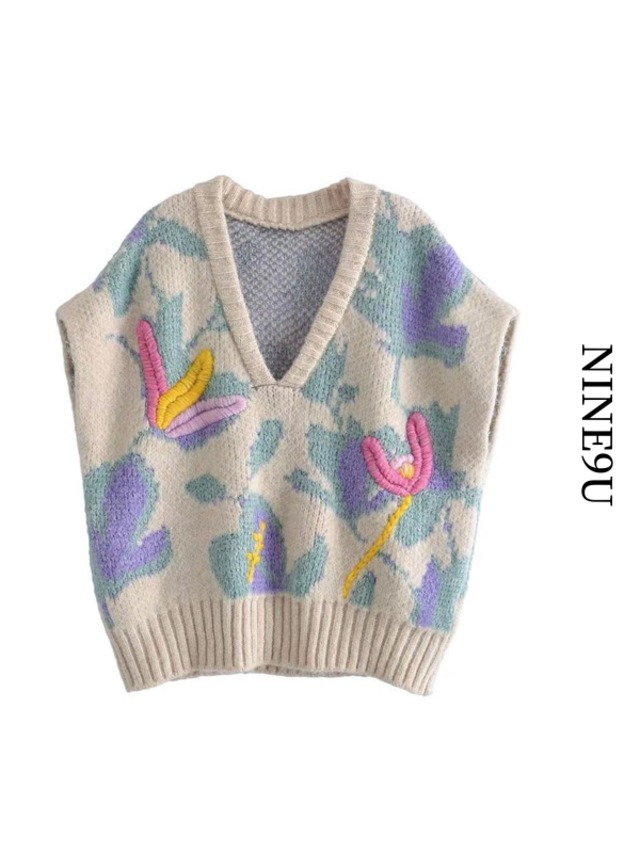 retro v-neck embroidery knit-vest【NINE7511】