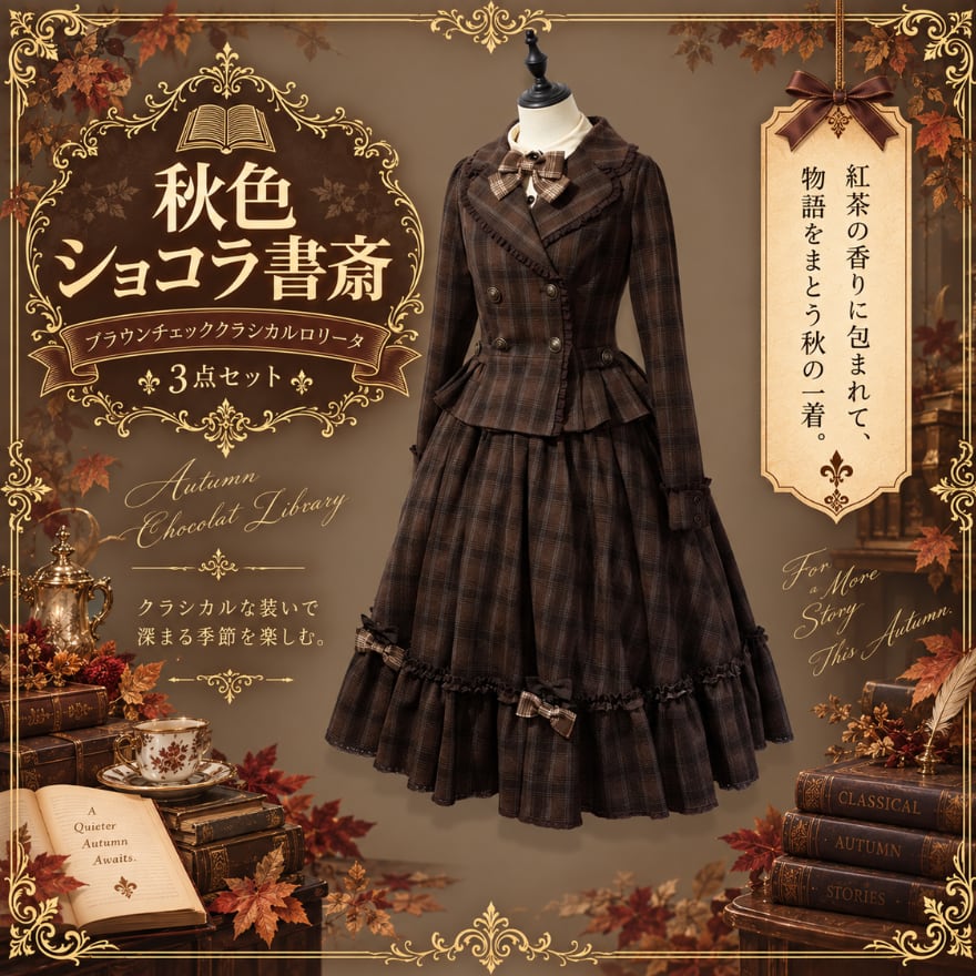 秋色ショコラの書斎 ブラウンチェッククラロリ系ジャンスカ3点セット