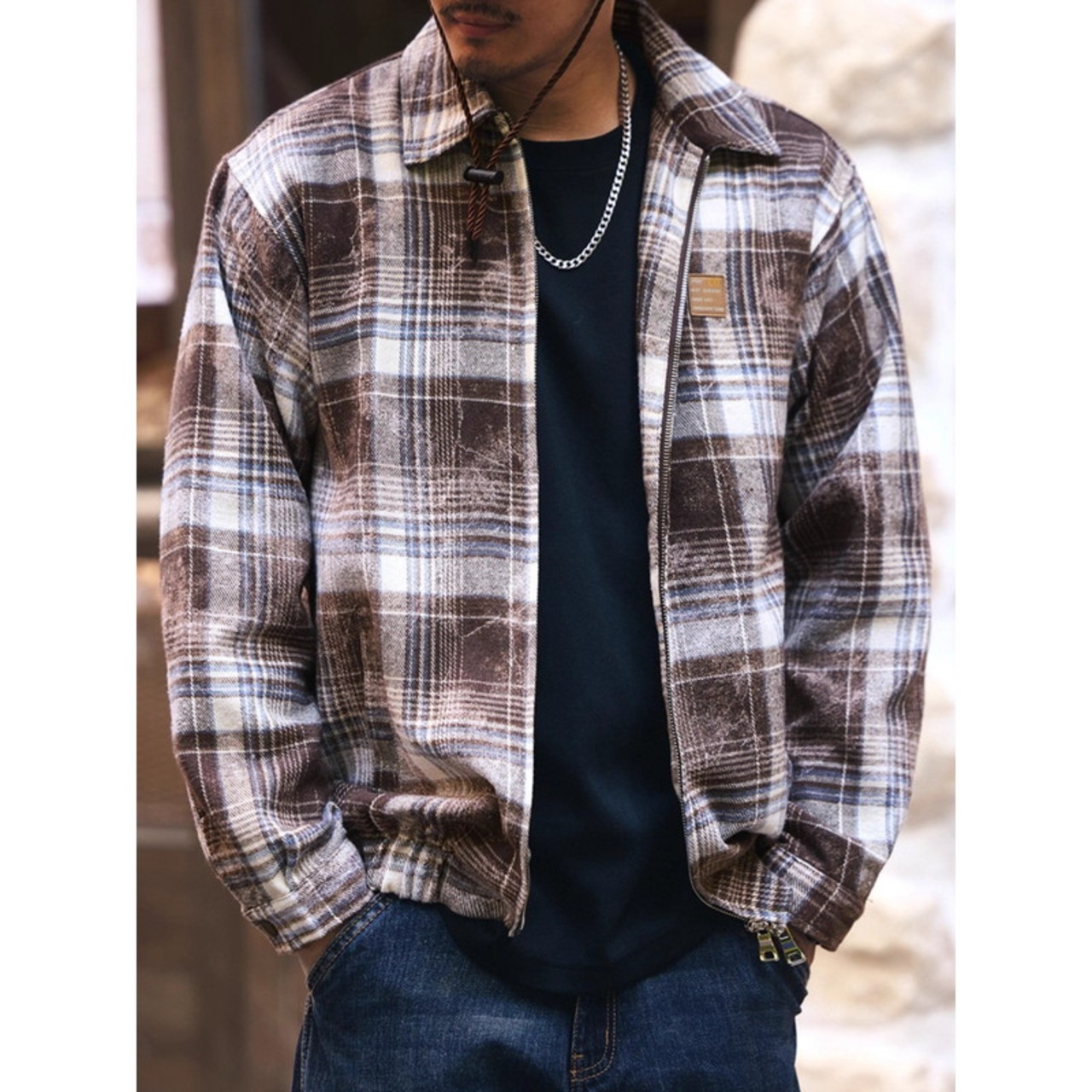 Flannel Check Pattern Zip-Up Shirt Jacket Stand Collar Regular Fit ◇2color H0749