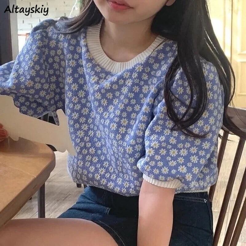 【新作】【送料無料】 パフ半袖 Tシャツ女性甘い O ネック花パネルエレガントなオールマッチ韓国スタイルニットクロップ Tシャツ Mujer シック 0370663279604