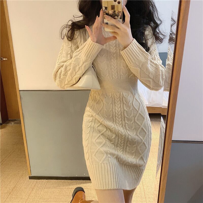 オータムウィンター薄手ラウンドネックプルオーバー パターンセーター ニットドレス ソリッド カラースカート 秋物 冬物 Oネック ソリッドカラー ドラファッションホール35083545218