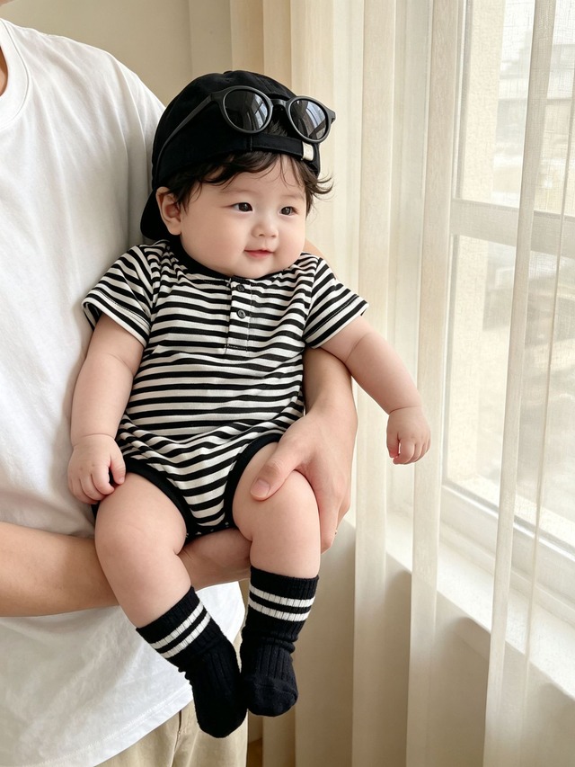 【BABY】ストライプヘンリーネック半袖ボディスーツ - 11