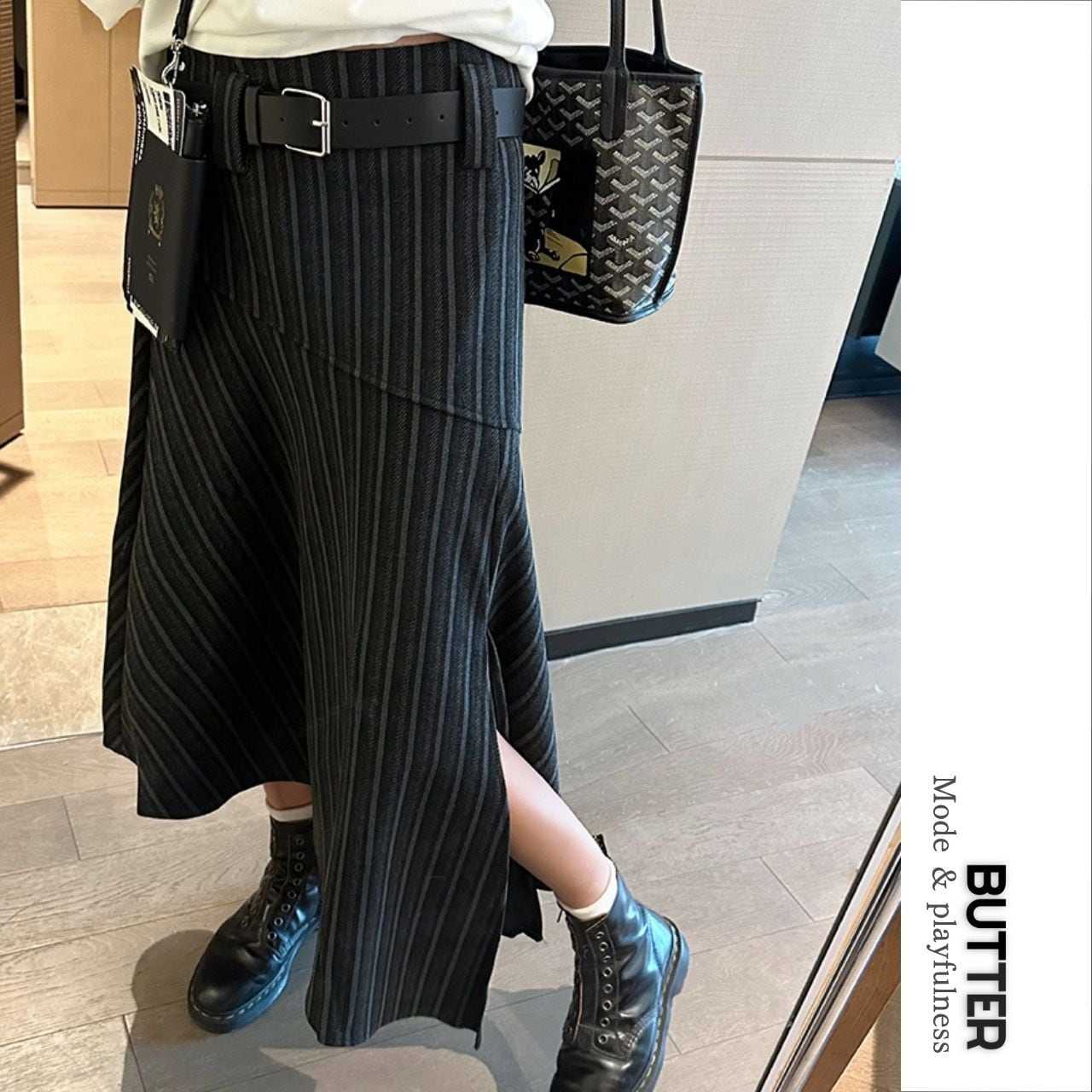 Belted slit maxi stripe skirt 00865