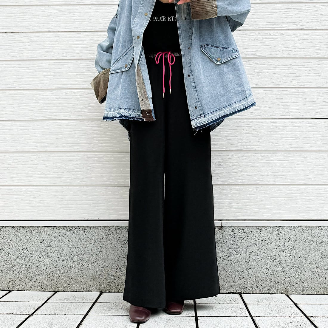 【MUST BUY】ウエストバイカラーギャザーワイドパンツ