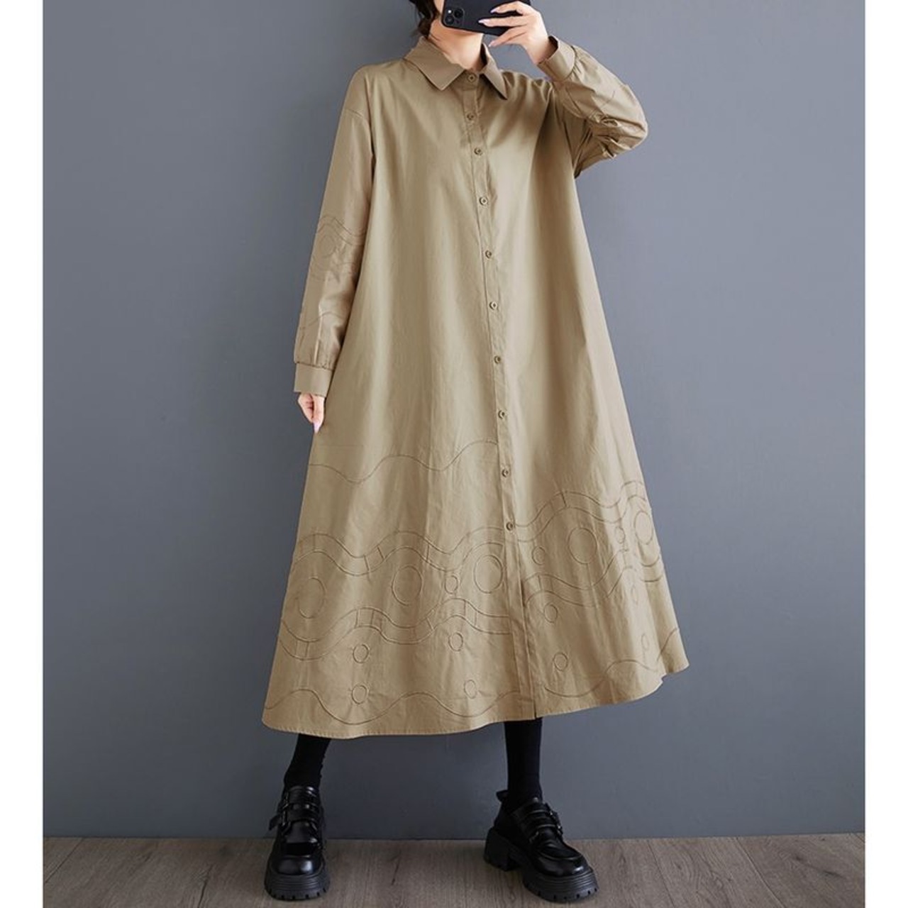 幾何学模様 刺繍 シャツワンピース 00095