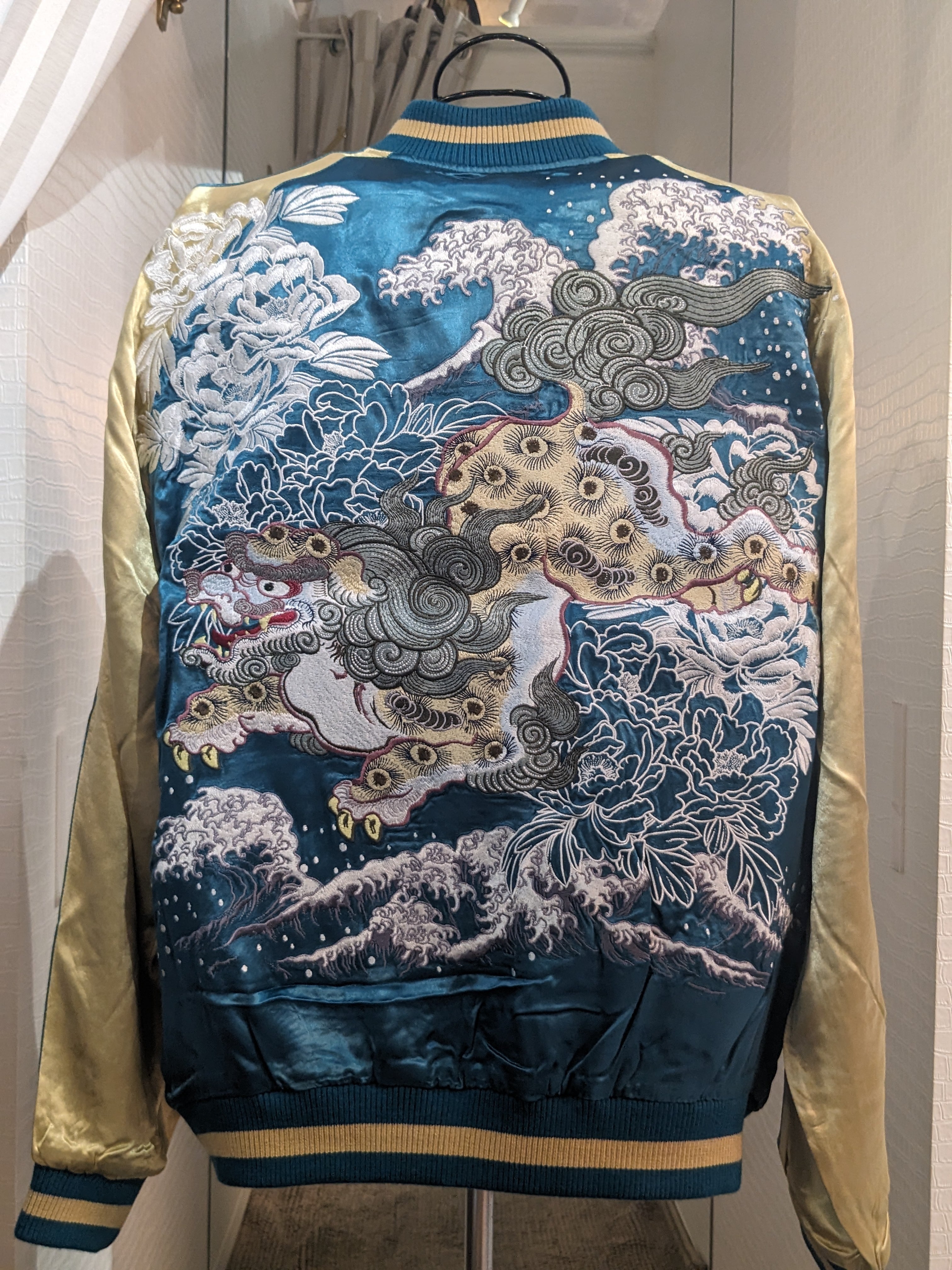 SKJ-007 牡丹と獅子 刺繍スカジャン ブルー L・XXL | 風と地の吾