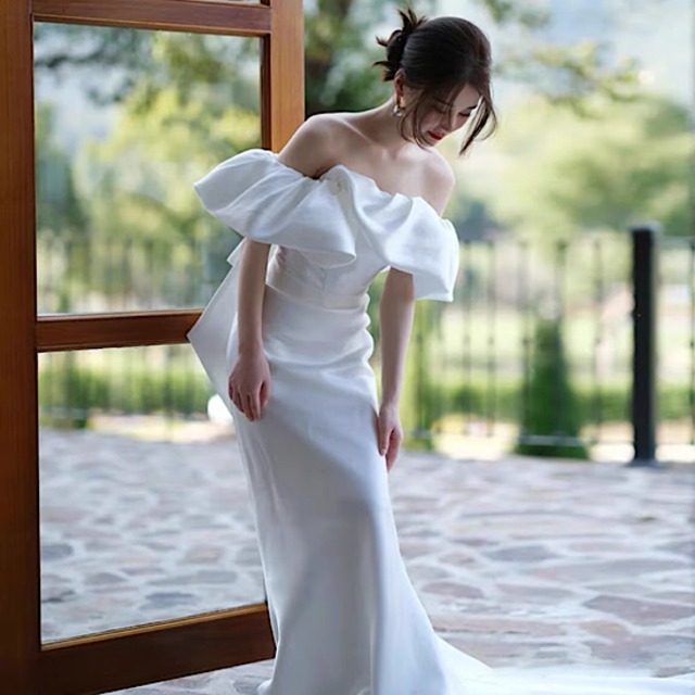 ウェディングドレス オフショルダー ロングドレス 挙式 白 花嫁ドレス スパンコ
