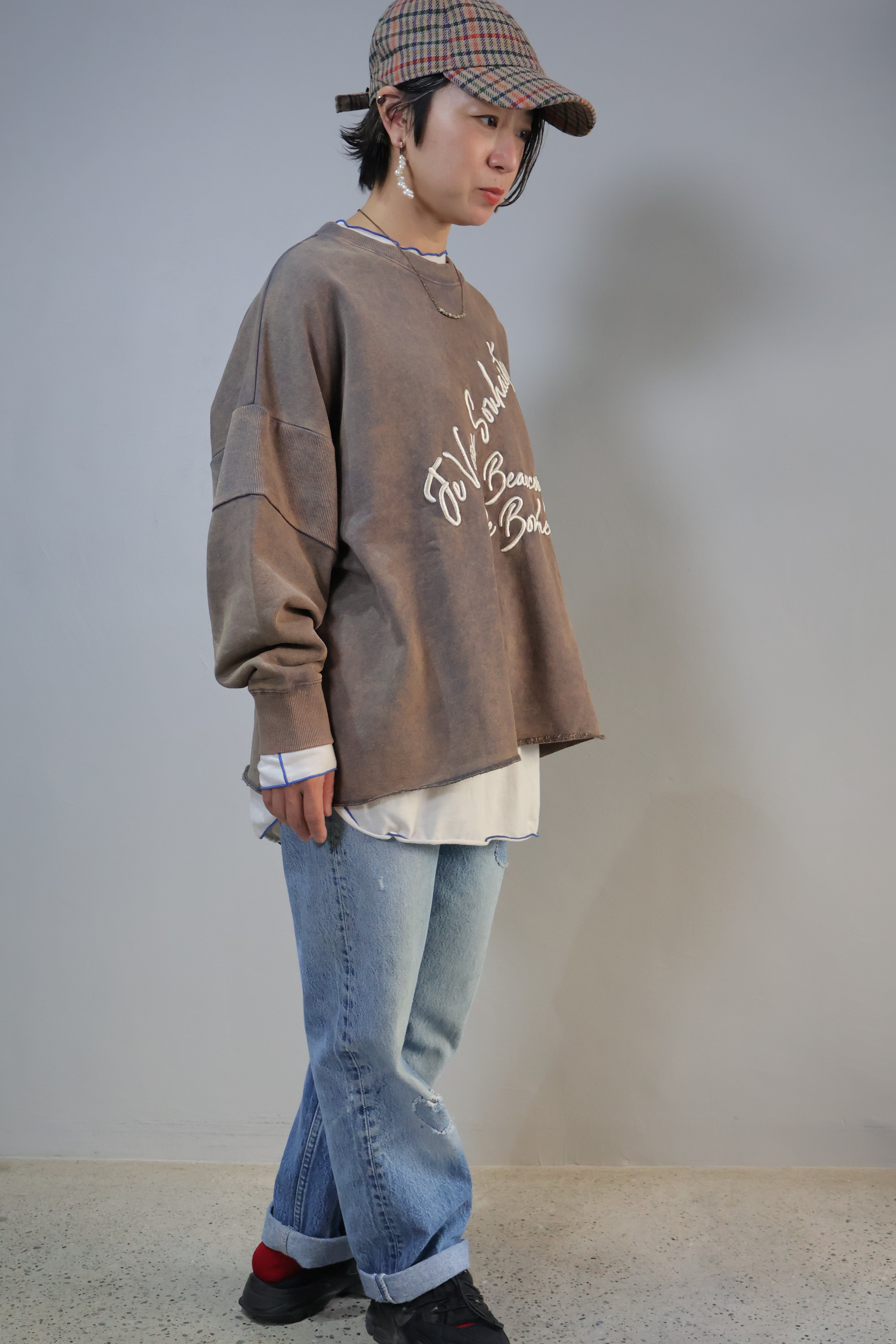 裏毛ビンテージ加工刺繍ロゴ＆鳥prtクルー【12509-338-10】2025AW