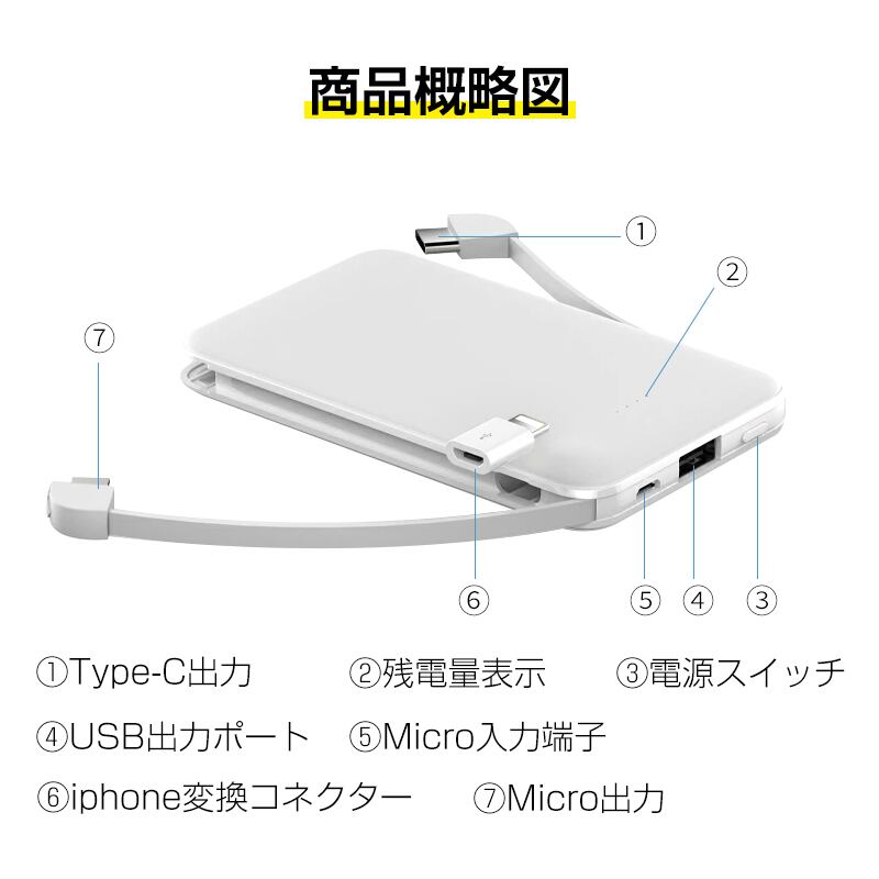6800mAh モバイルバッテリー 超軽量 ケーブル内蔵 防災電源 ミニ型 超
