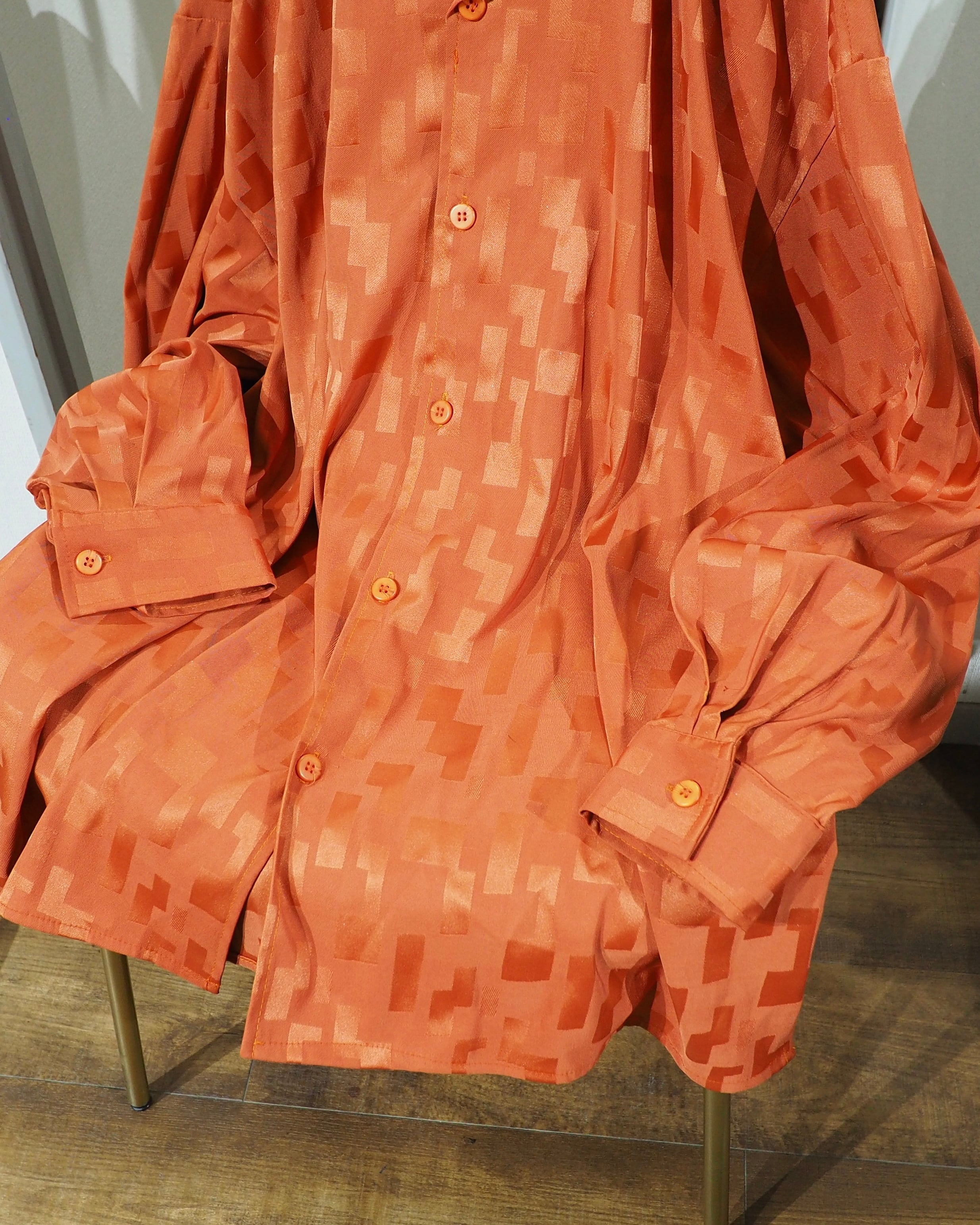 1990s " Made in USA ‐ Smash " Vivid Orange × Block Pattern Vintage Loose Open Collar Shirt