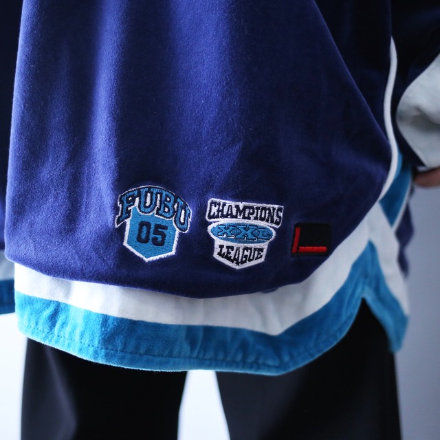 "FUBU" blue base switching design towel fabric over silhouette jacket