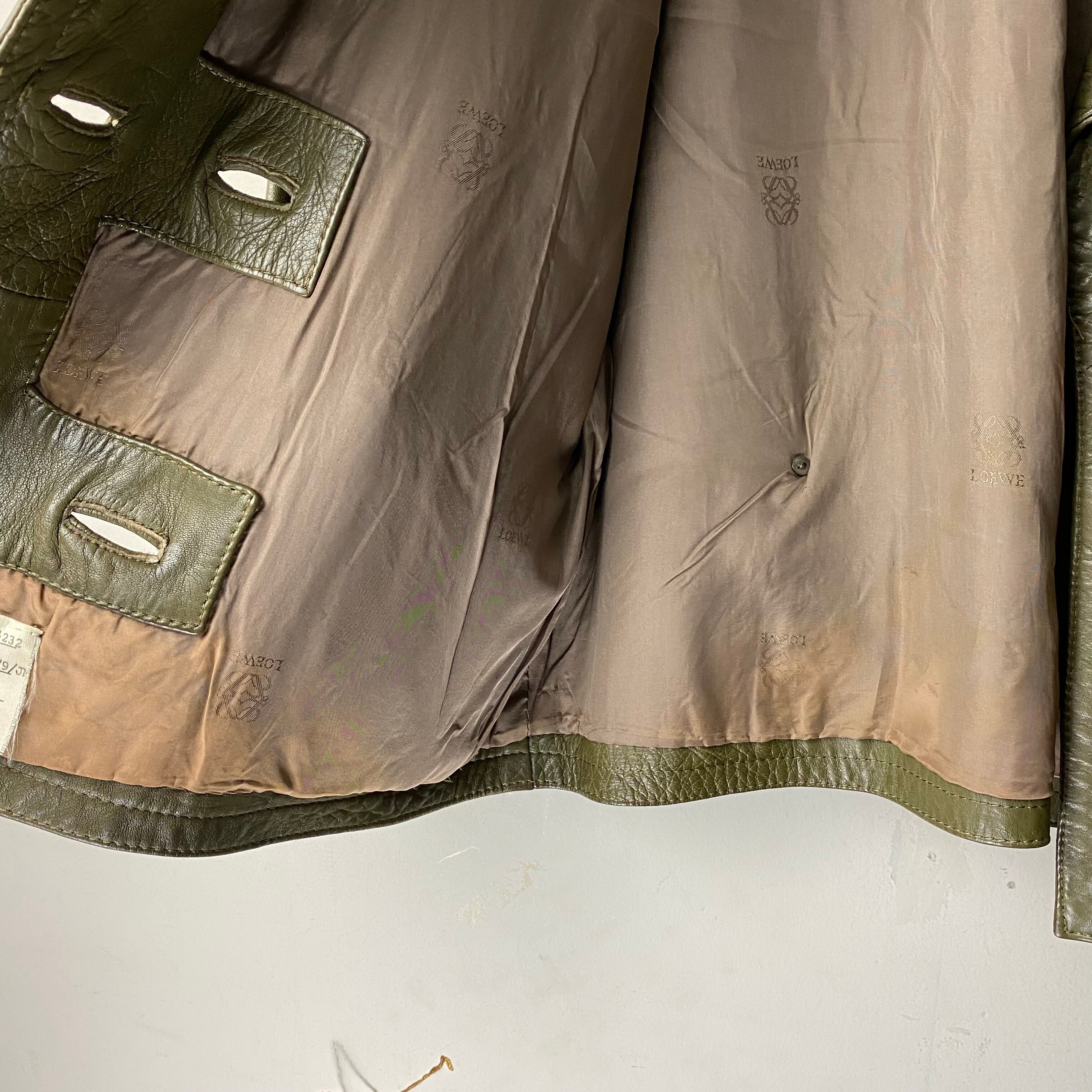 vintage LOEWE double breasted moss green leather jacket | NOIR ONLINE