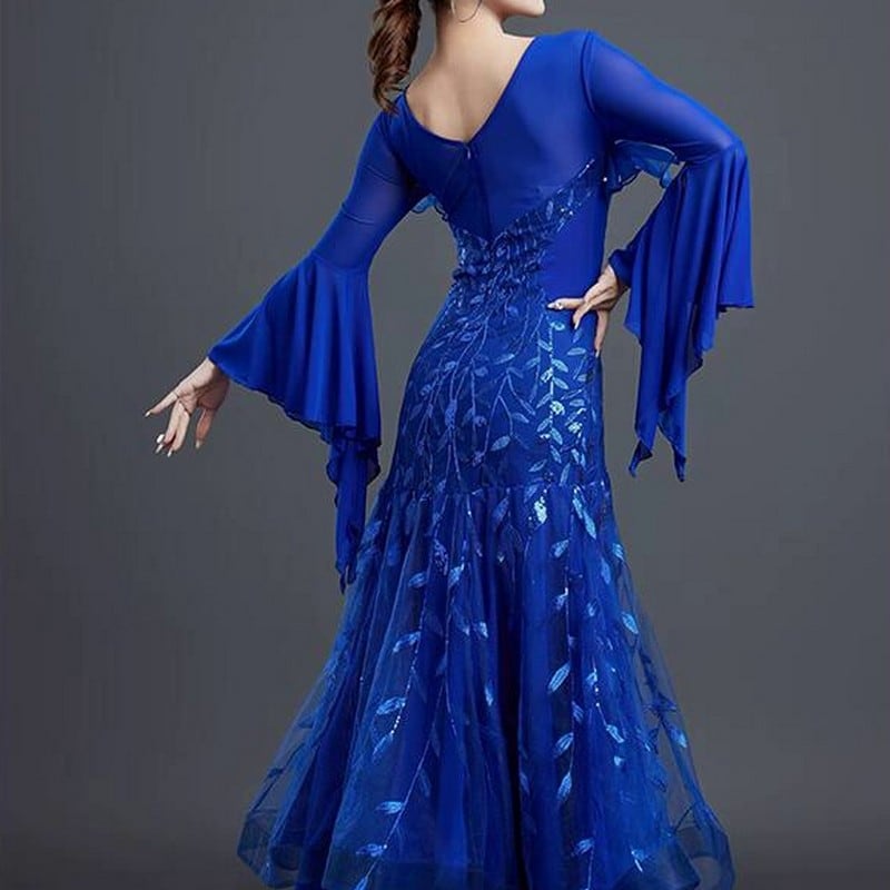 ラウンドネック刺繍ロングドレス ベルスリーブ フレア ドレス ds0504