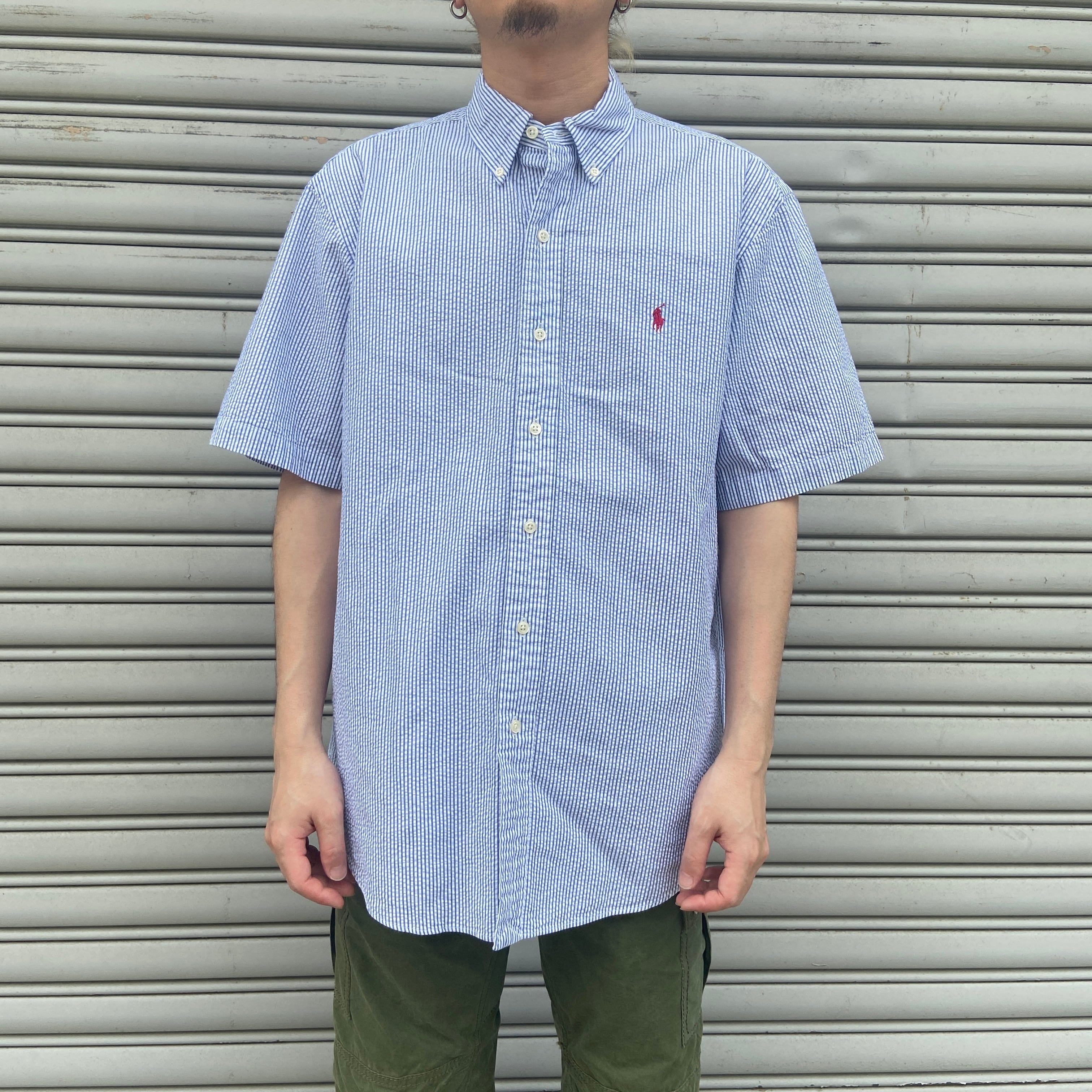 90s Ralph Lauren シアサッカー地半袖ストライプシャツ L | 古着屋 Uan