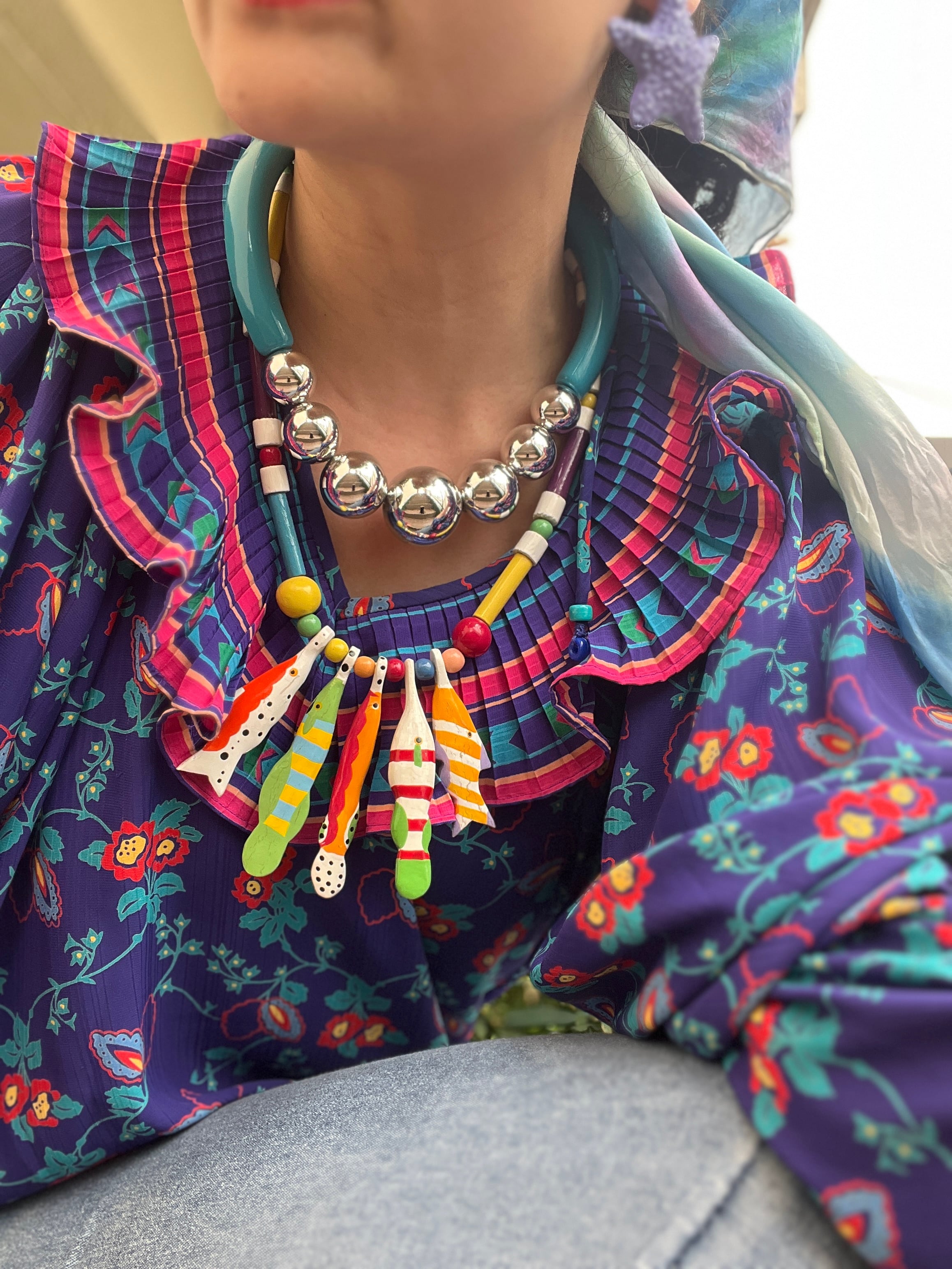 70s-80s multicolor fish handpaint wood Necklace ( ヴィンテージ